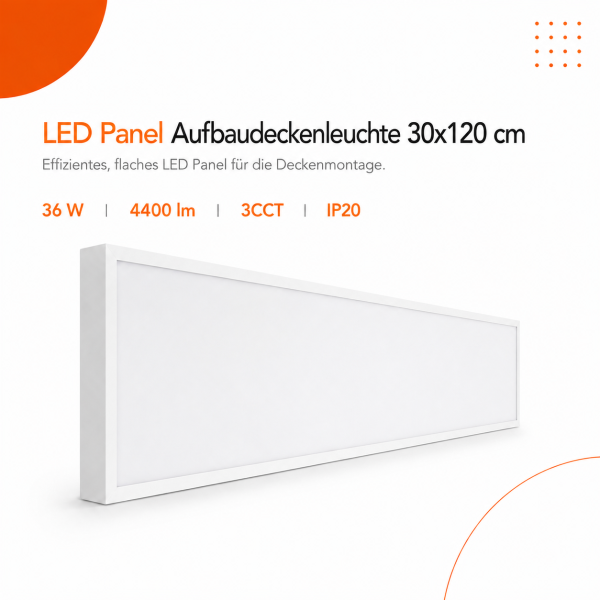LED Deckenaufbauleuchte 36W | 30x120cm CCT 3000K/4200k/6500k 4400lm UGR<19