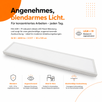 LED Deckenaufbauleuchte 36W | 30x120cm CCT 3000K/4200k/6500k 4400lm UGR<19