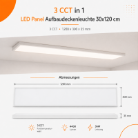 LED Deckenaufbauleuchte 36W | 30x120cm CCT 3000K/4200k/6500k 4400lm UGR<19