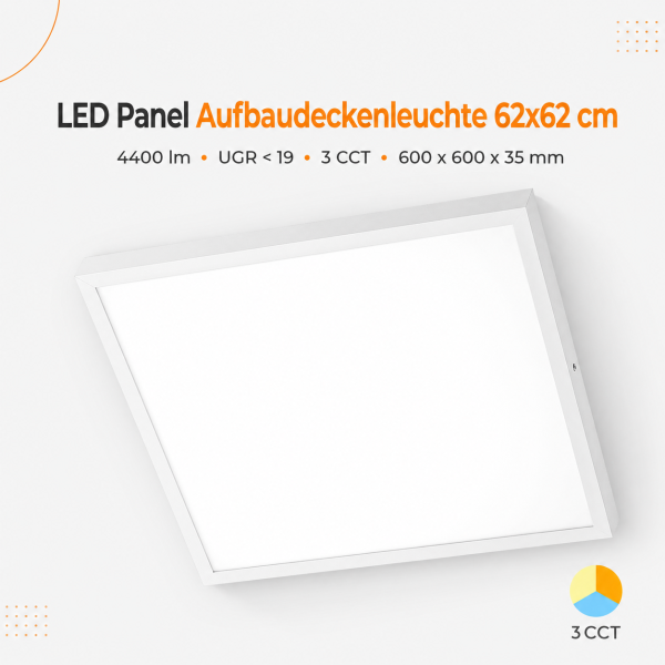 LED  Deckenaufbauleuchte 36W 620x620 CCT 3000k / 4200K / 6500K 4400lm UGR<19