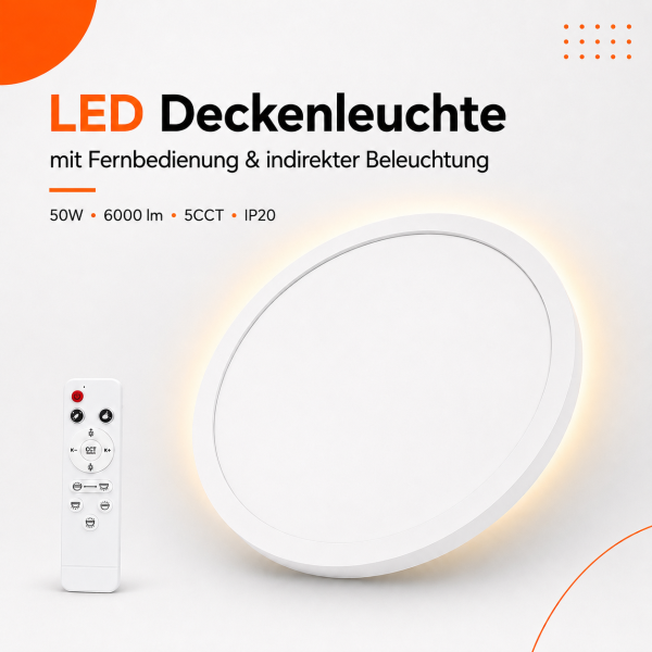 LED Aufbauleuchte Deckenleuchte Weiß rund 50W mit Fernbedienung - 6000Lm