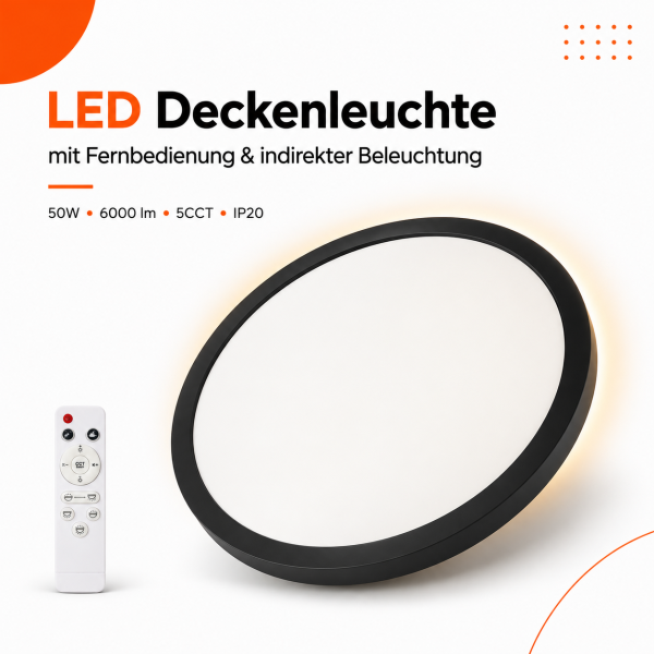 LED Aufbauleuchte Deckenleuchte Schwarz rund 50W mit Fernbedienung  - 6000Lm