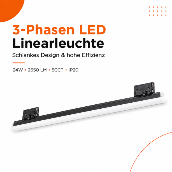 LED Linearlampe 24W Schwarz - 1188mm 4 Phasen - 5CCT 2700K/3000K/4000K/5000K/6500K
