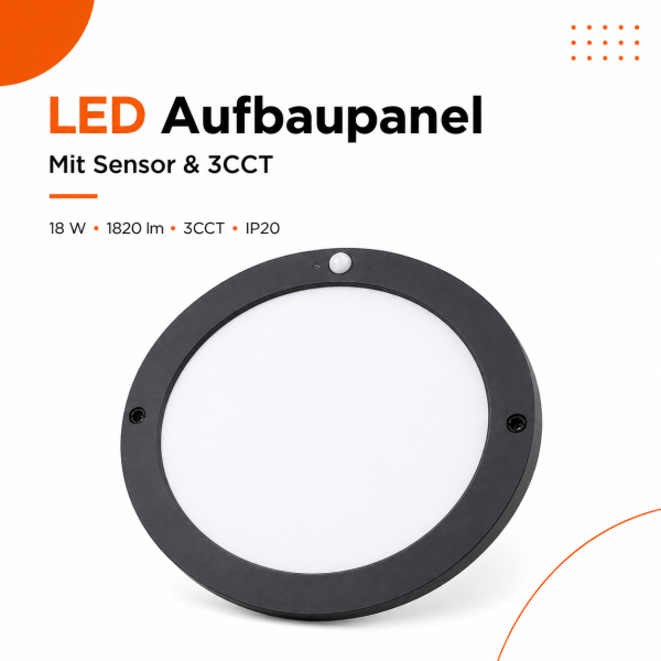 LED Aufbauleuchte Deckenleuchte rund schwarz 18 Watt IP20 mit Sensor  CCT 3 in 1 (warmweiß 3000K, neutralweiß 4200K, kaltweiß 6400K)