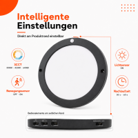 LED Aufbauleuchte Deckenleuchte rund schwarz 18 Watt IP20 mit Sensor  CCT 3 in 1 (warmweiß 3000K, neutralweiß 4200K, kaltweiß 6400K)
