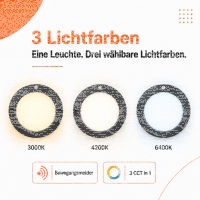 LED Aufbauleuchte Deckenleuchte rund schwarz 18 Watt IP20 mit Sensor  CCT 3 in 1 (warmweiß 3000K, neutralweiß 4200K, kaltweiß 6400K)