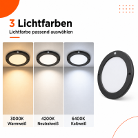 LED Aufbauleuchte Deckenleuchte rund schwarz 18 Watt IP20 mit Sensor  CCT 3 in 1 (warmweiß 3000K, neutralweiß 4200K, kaltweiß 6400K)